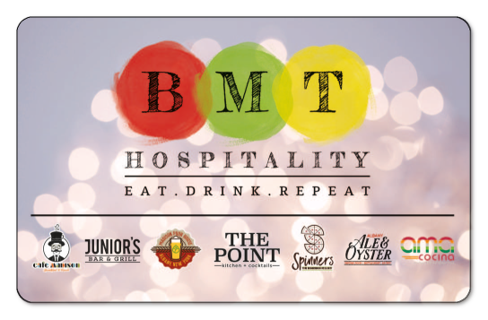 BMT Hospitality Logo with restaurant logos over a blurry light background.